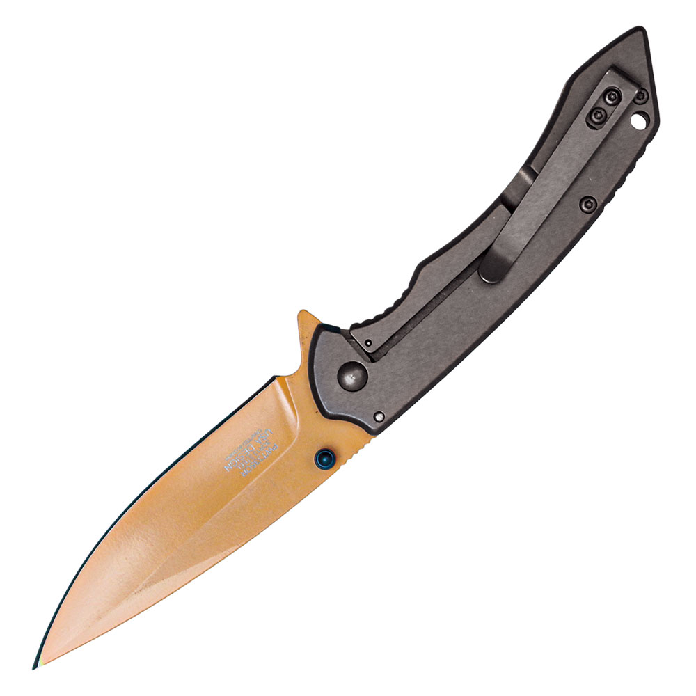 Assisted Open Folding Pocket Knife with Grey handle and Orange Blade view 2